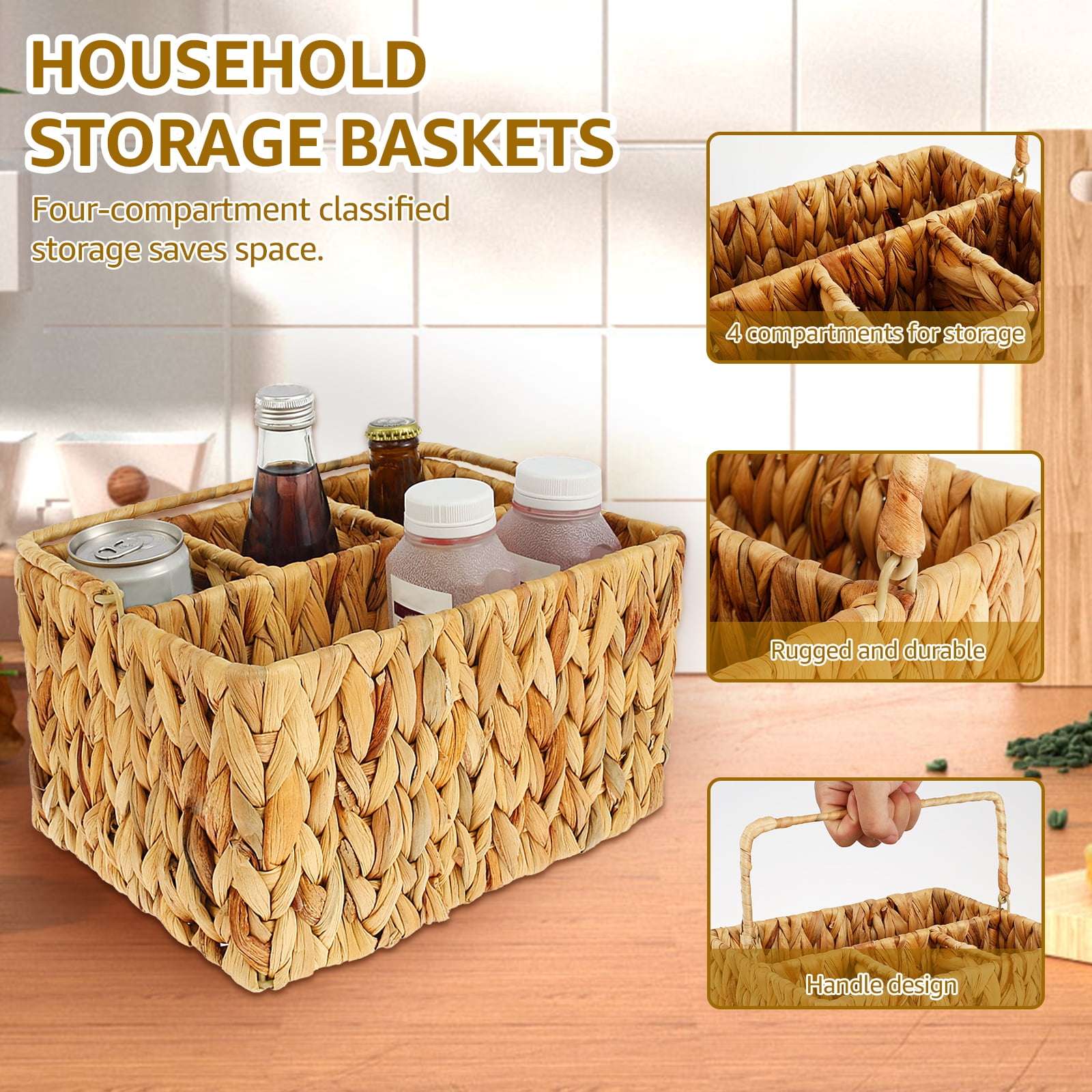 NUAHRHY Woven Utensil Caddy with 4 Compartments and Handle Natural Utensil Basket Stable Utensil Holder Multifunctional Utensil and Napkin Holder for Plates and Utensils