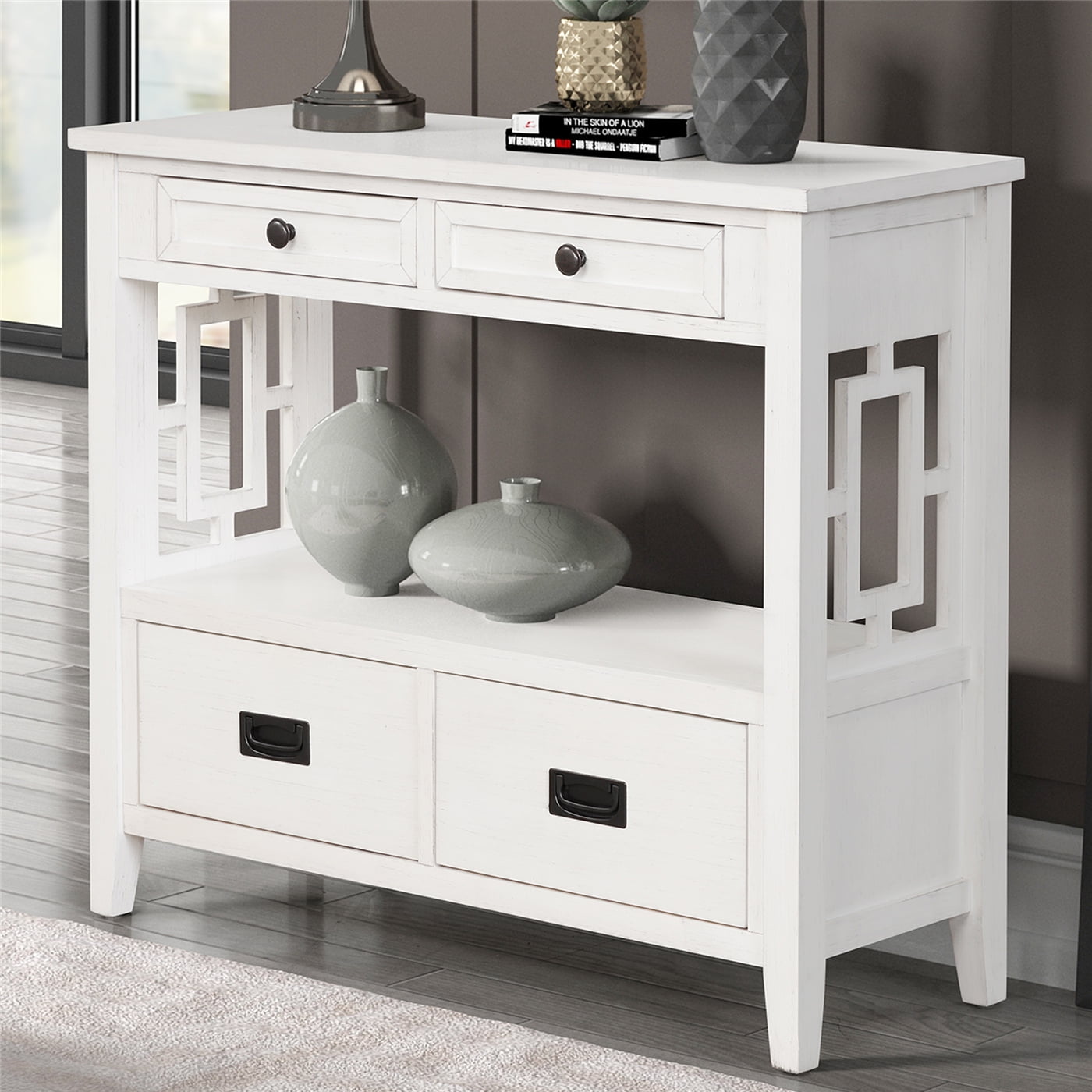 ANBAZAR White Storage Cabinet Console Table with 2-Drawers and 4