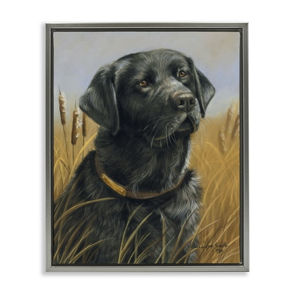 Stupell Industries Black Lab in Nature Animals Painting Gray Floater Framed Canvas Art Print Wall Art, 25 x 31