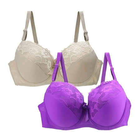 FUNUONY Women s Push Up Lace Bra Underwire Plunge Full Coverage Bras Padded 2Pack Women s Underwear Bra Lace Bra for Women Plus Size Sky Blue 85D