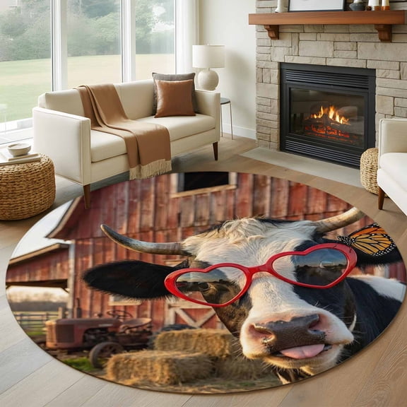 Farm Cows Round Area Rug 7Ft Washable Circle Rugs for Dorm Laundry Room, Farmhouse Barn Funny Animals Butterfly Non-Slip Carpet Floor Mats Indoor Outdoor Carpet Runner Aesthetic Home Decor
