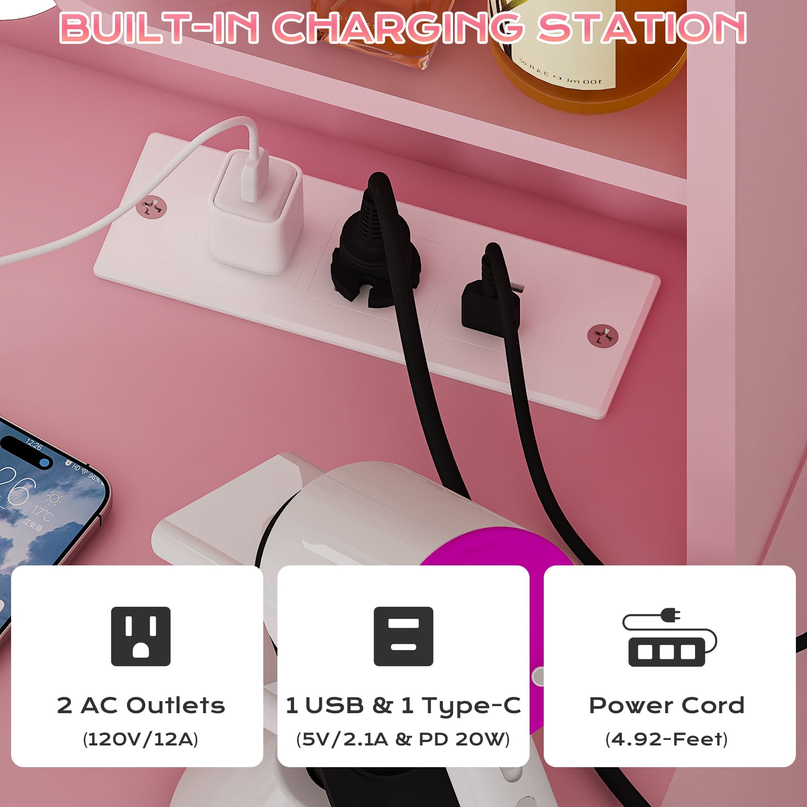 4-Drawer 2-Shelf Dressing Table with 10 Tri-Color Light Bulbs Particleboard with Textured Melamine Finish Power Strip and Dressing Table Grille-Finish Dressing Table, 33.46*15.75*29.53in, Pink