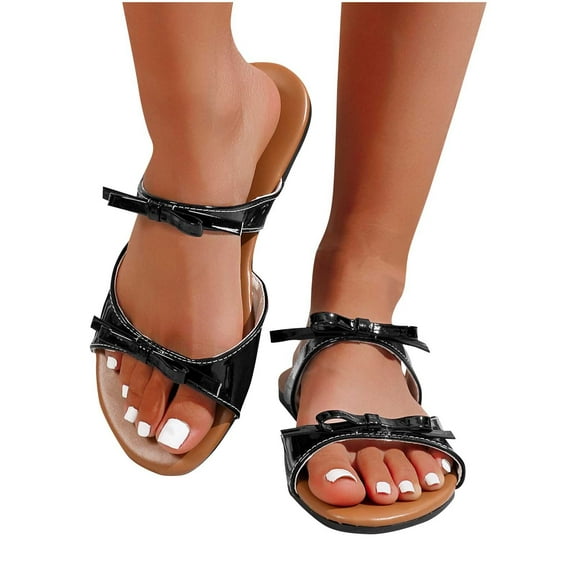 THDHVS Flat Sandals for Women,Sandals Women,Women's Fashion Casual Spring and Summer Style Solid Color Flat Bottom Bow Beach Sandals Black 7
