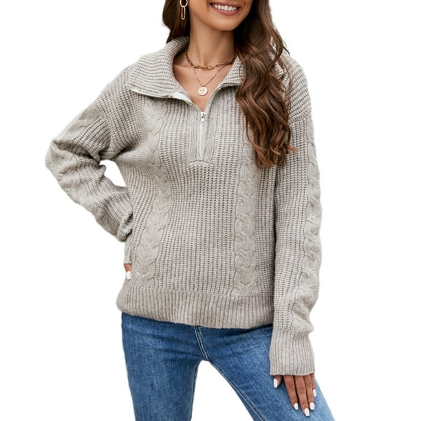 Chaqueta Top de punto informal para mujer, Jersey de punto acanalado con media cremallera, ropa de diario para mujer Ygjytge Marrón L para Mujer