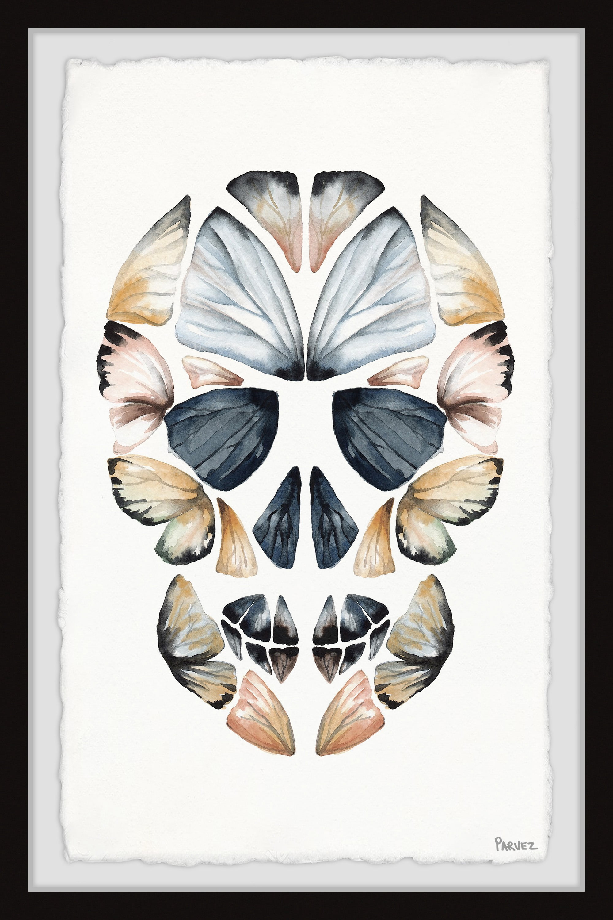 Parvez Taj "Yellow Kaleidoscope Butterfly Skull" Framed Painting Print