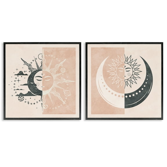 Stupell Industries Boho Two Tone Moon Sun Astrology & Stars Painting Black Framed Art Print Wall Art, 12 x 12, Set of 2