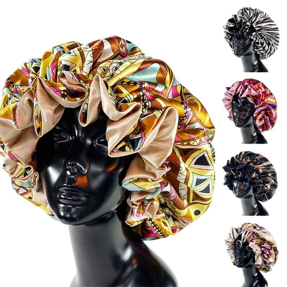 Silk Satin Bonnets for Women BWASD Casual Double Layer Printed Elastic Large Wide Soft Band Sleeping Cap for Curly Hair - Beige Shower Cap for Sleeping