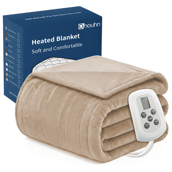DNOUHN Flannel Electric Heated Blanket Queen 84x90" for Bed, Dual Controllers, 10 Heat Levels & 1-12H Auto-off, Machine Washable