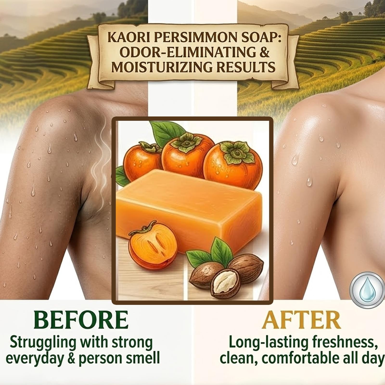 Kaori Deodorizing Persimmon Soap – Gentle for Dry & Aging Skin, Japanese Persimmon + Green Tea Extract, Natural Body Wash for Men & Women – All-Day Freshness (2PCS)