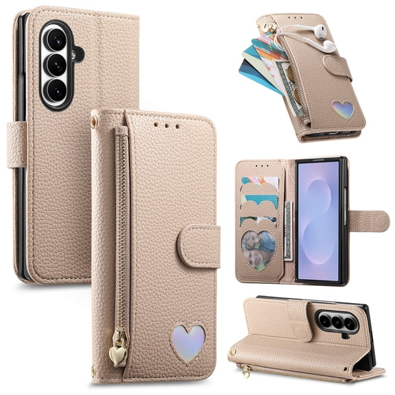 ELEHOLD Wallet Case for Samsung Galaxy Z Fold8 Ultra, Shockproof Faux Leather Flip Cover with Heart Card Slots Zipper Pocket Kickstand, Khaki