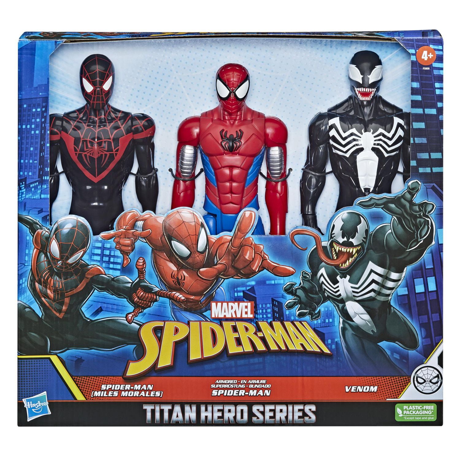 Marvel Spider-Man Titan Hero Series, pack de 3 figurines de 30 cm avec Spider-Man (Miles Morales), Spider-Man en armure et Venom, dès 4 ans