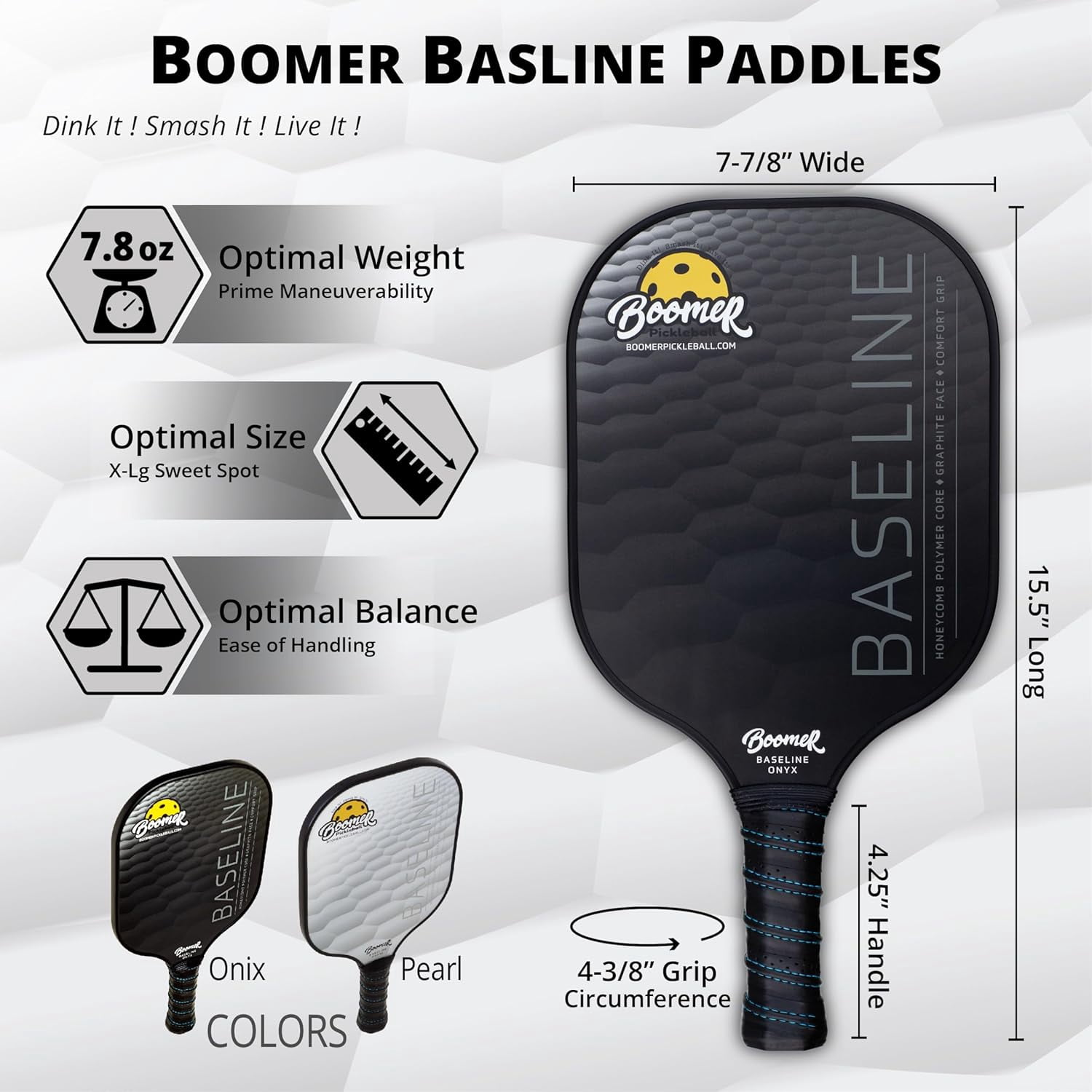 Boomer Baseline Pickleball Paddle Set with 2 Graphite Paddles and 4 Balls, Polymer Honeycomb Core, Cushion Grip