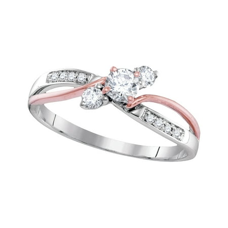 3 Stone Diamond Band Size - 7 - Solid 14k Rose And White Gold Round White Diamond Engagement Ring OR Fashion Band Prong Set 3 Stone Shaped Ring (.38 cttw) ()