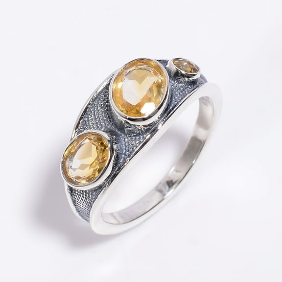 SATYAVIE JEWELLERY Natural Citrine Gemstone Ring for Women, 925 Sterling Silver Ring, Oxidised Ring Size US 9