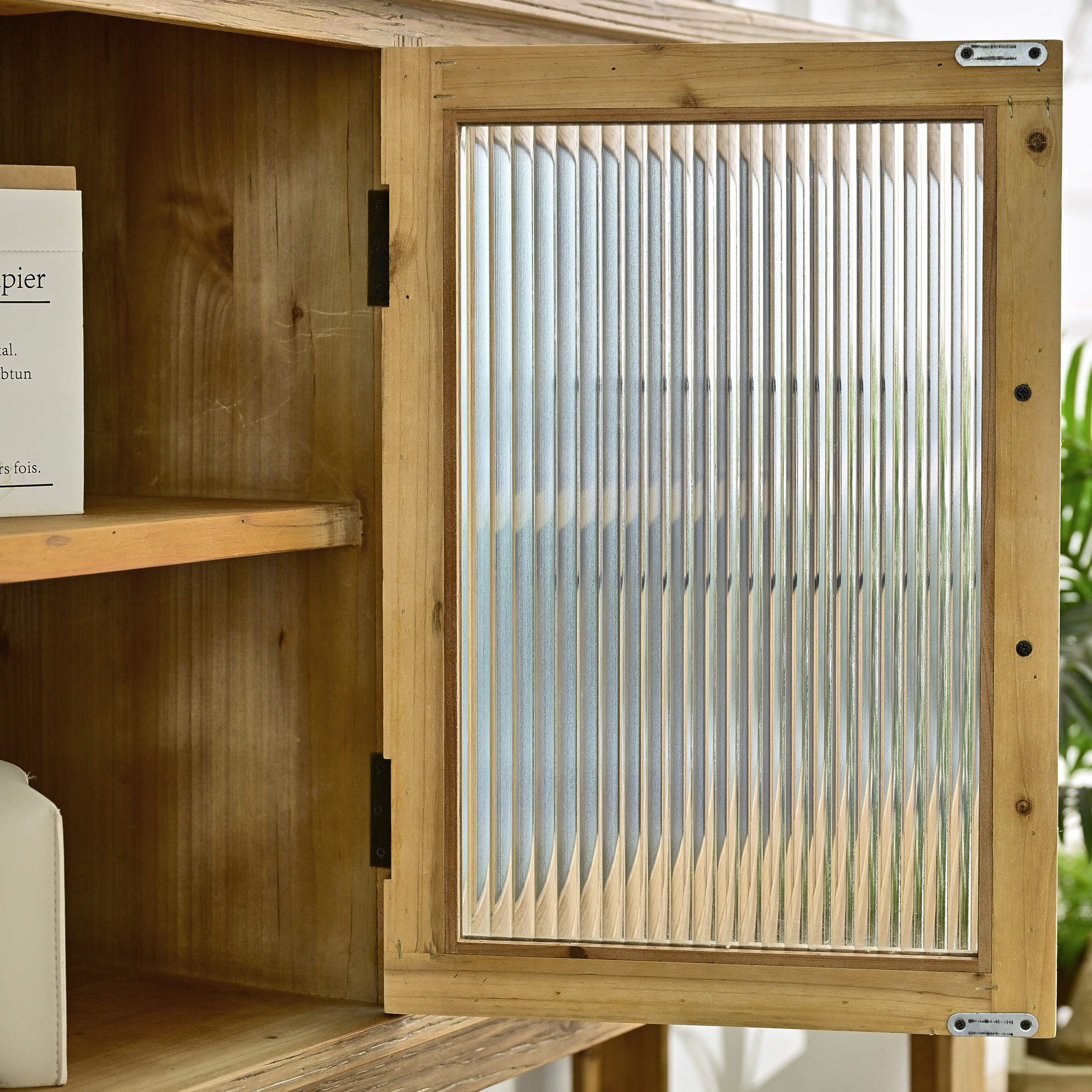 GDF Studio 59" Rustic Cabinet with Glass Doors and Shelf, Farmhouse Storage Console, Natural Wood