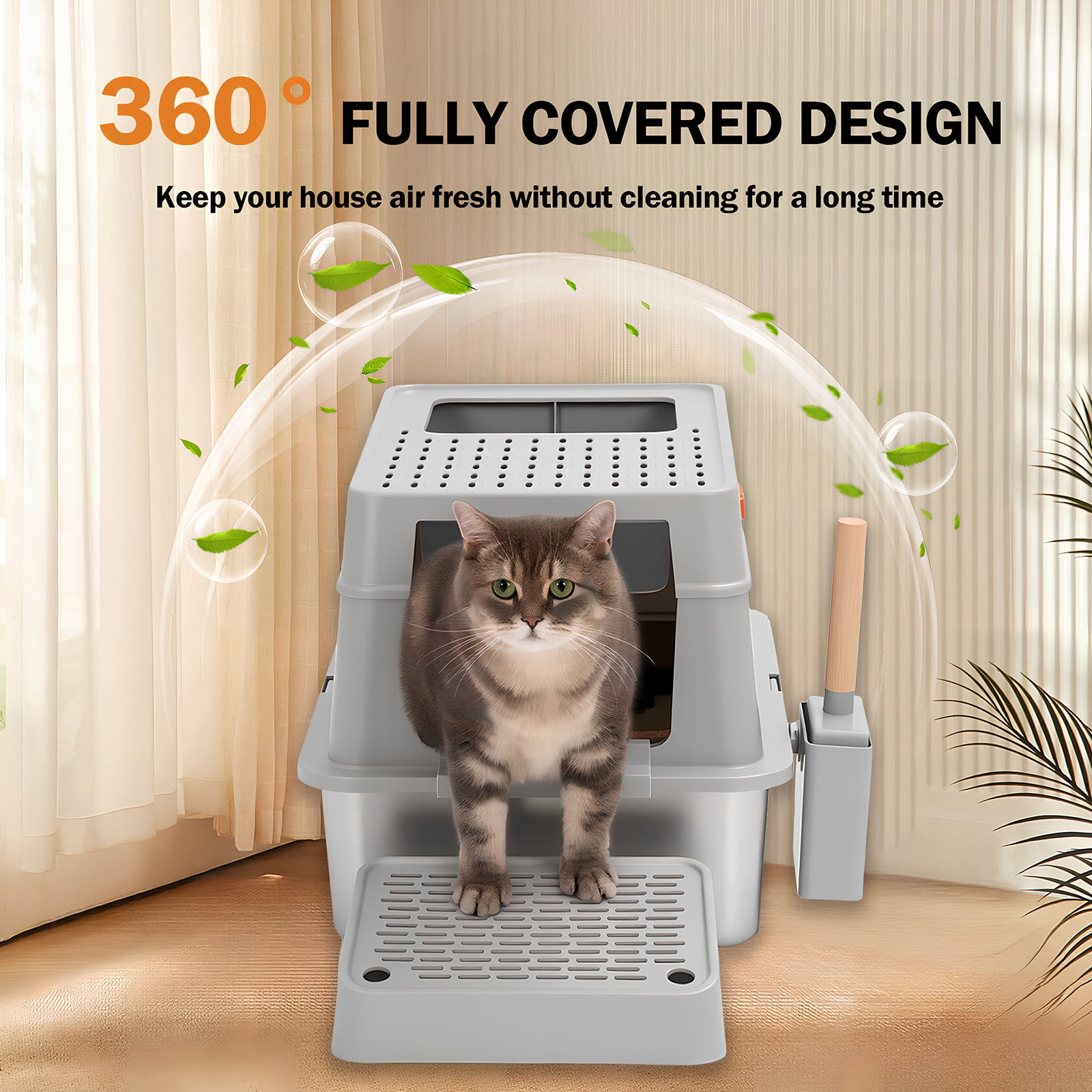 Furrbby Covered Stainless Steel Litter Box, Large High Side for Cat, Grey