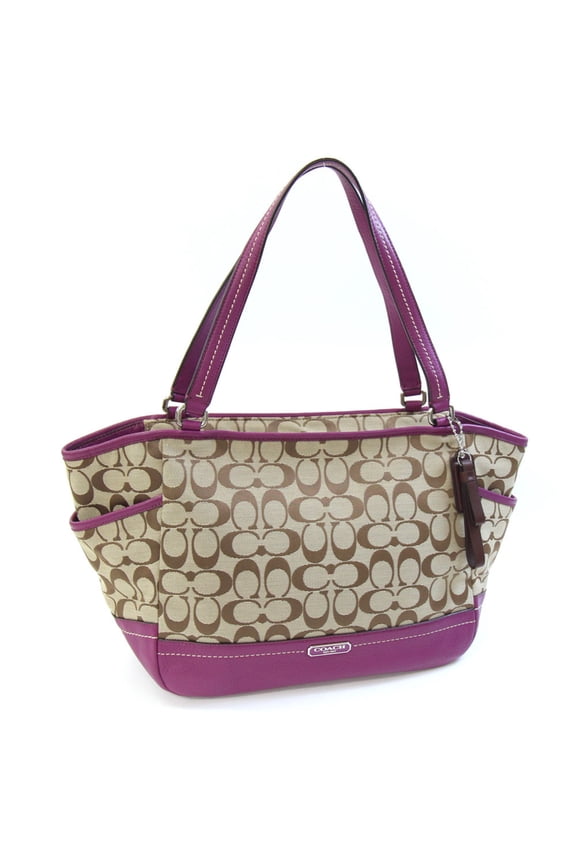 Pre-Owned Coach Signature Tote Bag F23297 Beige and Purple Canvas Leather Shoulder... (Good)