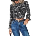 thumbnail image 1 of Blusa Estampado de puntos Manga larga Volantes Cuello redondo Puños con volantes Nudo trasero Tops de moda para mujer Negro M, 1 of 7