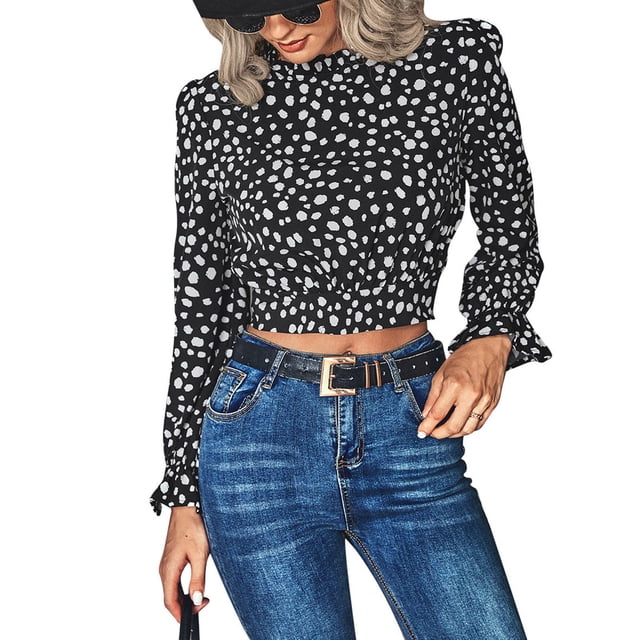Blusa Estampado de puntos Manga larga Volantes Cuello redondo Puños con volantes Nudo trasero Tops de moda para mujer Negro M