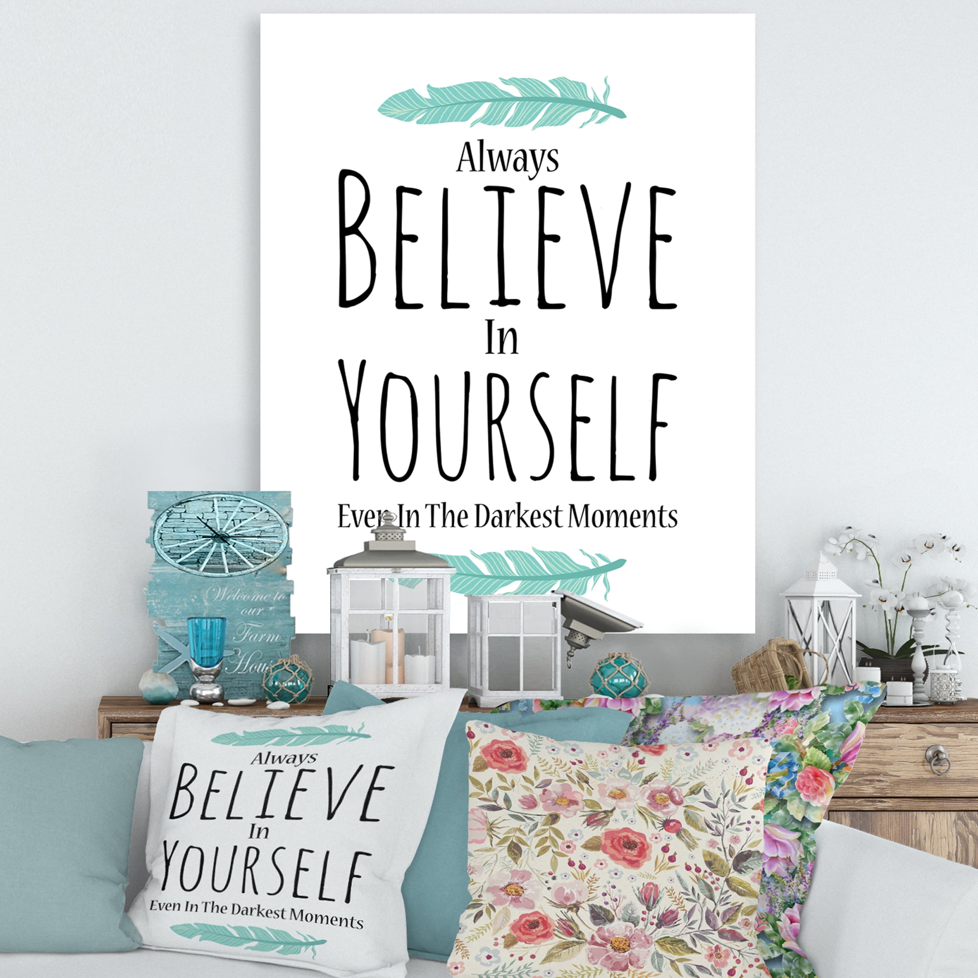 Designart ' Believe In Yourself Quote On White ' Traditional Canvas Wall Art Print