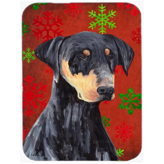 Doberman Red And Green Snowflakes Holiday Christmas Glass Cutting Board - Large