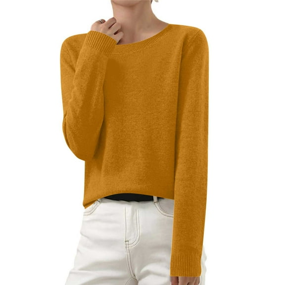Vetsdori Womens Crewneck Sweaters Solid Color Pullover Holiday Yellow Warm Comfy Sweaters for Women Long Sleeve