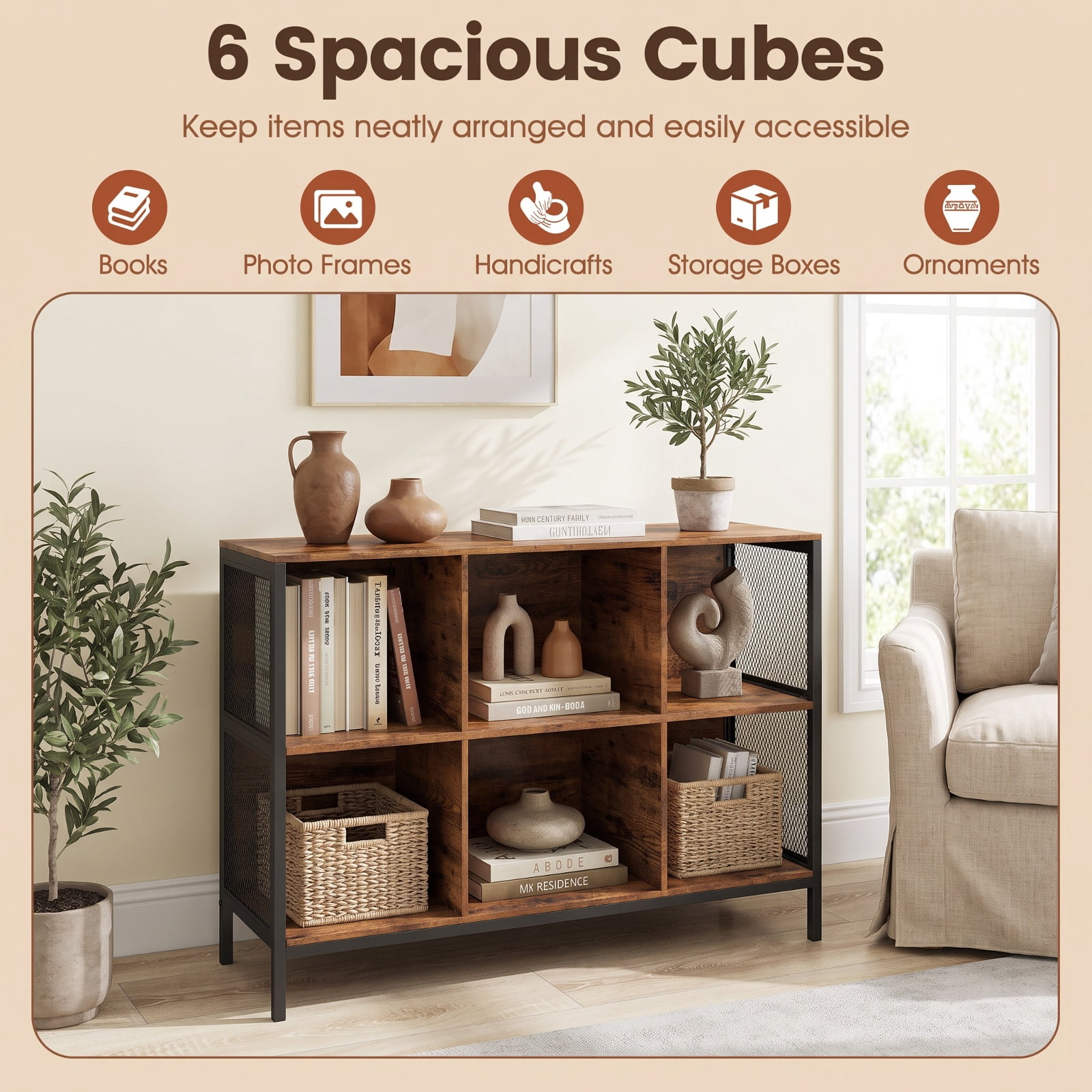 Furnibear 6 Cube Bookcase 42" Wide Horizontal Bookshelf with Accent Cubby Shelf for Living Room Home Office Bedroom Display Storage, Rustic Brown