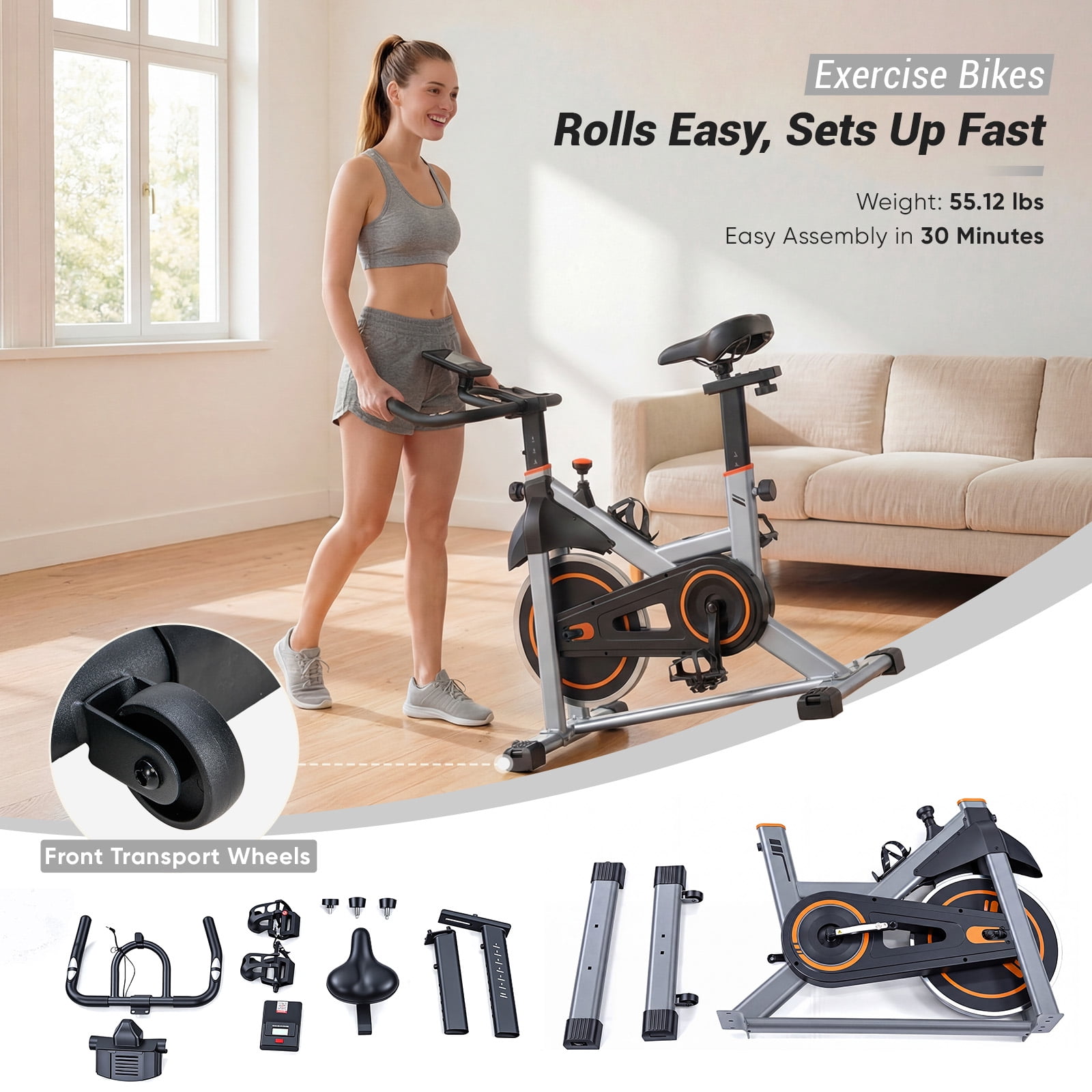 SHOUFTW Home Exercise Bike with APP Control, Magnetic Resistance Bike, Quiet Indoor Stationary Cycle 265lb Capacity, Silver Orange