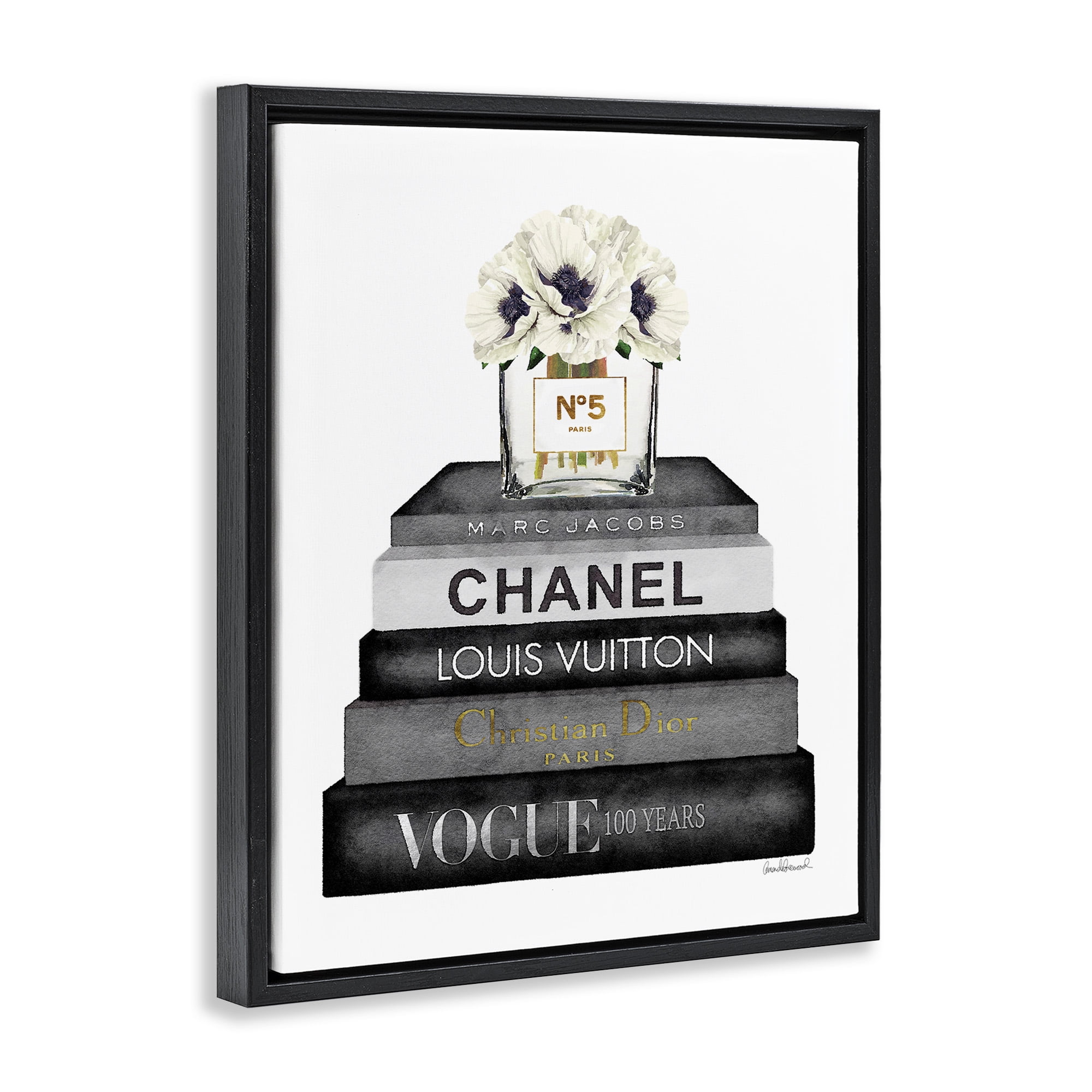 Stupell Industries Monochrome Fashion Designer Bookstack Beauty & Fashion Painting Black Floater Framed Canvas Art Print Wall Art, 17 x 21