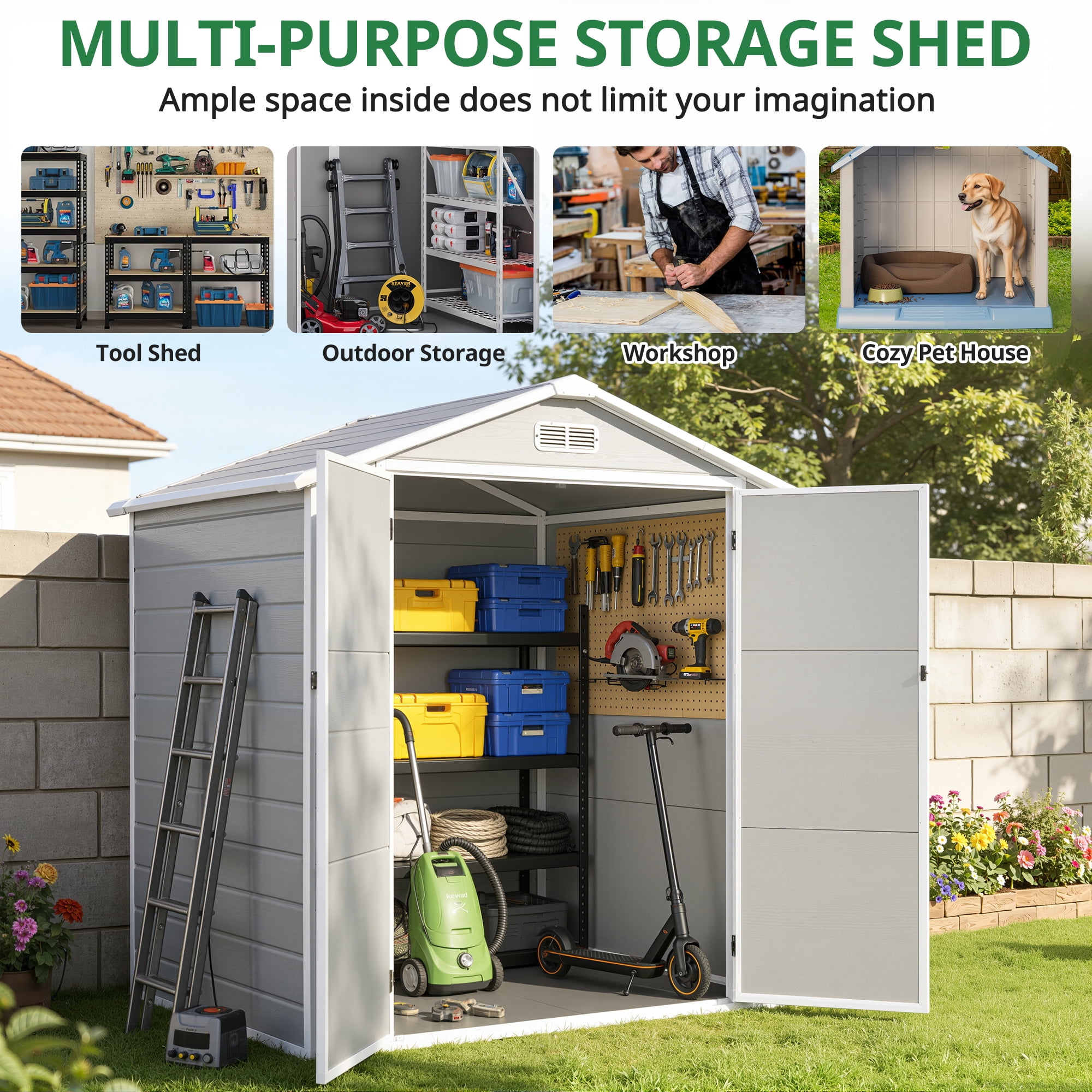 6×4.4ft Outdoor Shed & Storage, Seizeen All-Weather Plastic Sheds with Floor, Sloped Top Garden Shed with Window, Lockable Double Door Resin Patio Storage for Garage Backyard Bike Mower