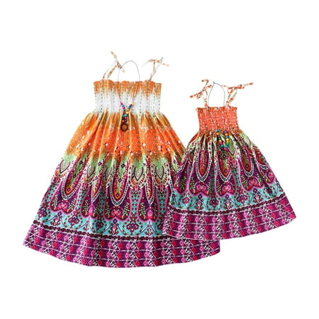 

Odeerbi Reduced Mommy And Me Dresses Matching Outfits Clothes Rainbow Sling Dress Boho Beach Dresses Family Look Contains Necklace Gift