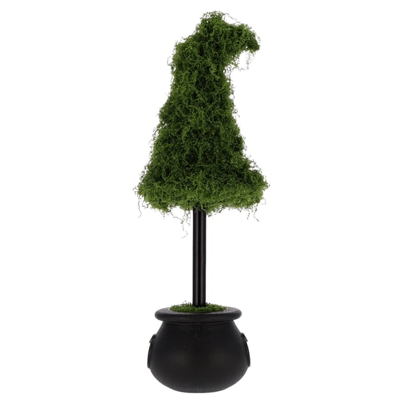 My Texas House Halloween Moss Witch Hat Topiary in Cauldron, Green and Black, 20"