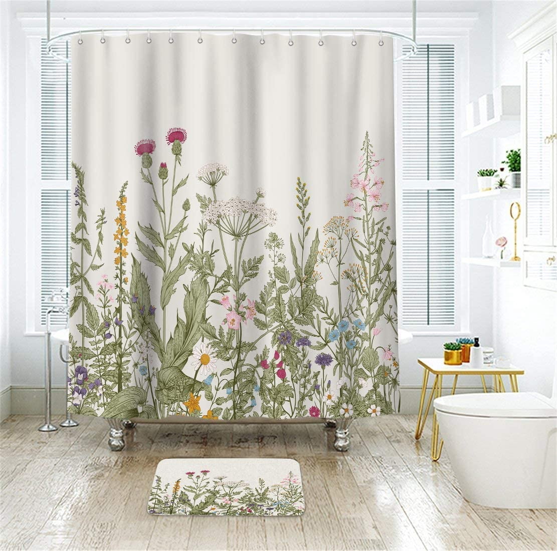Extra Long Wildflower Shower Curtain for Bathroom Decor 72Wx84H Inch Flower Floral Vintage Botanical Accessories Herbs Plant Bathroom Set Windows Fabric Polyester Waterproof 12 Pack Hooks