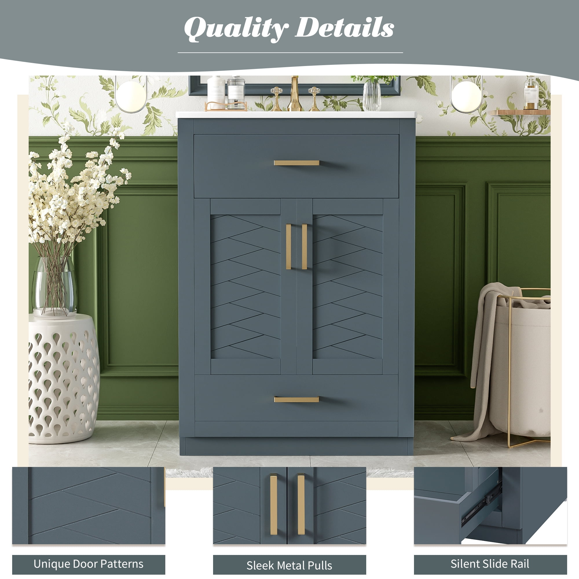 Euroco 24" Bathroom Vanity with Integrated Ceramic Sink, Bathroom Cabinet with 2 Doors, 1 Tip-out Drawer, Single Sink Bathroom Vanity for Small and Medium Restroom, Blue