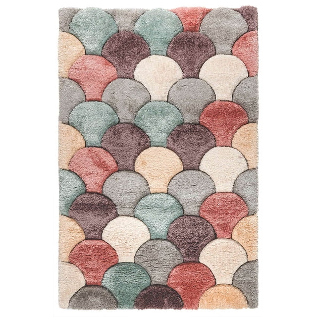 tapete decorativo hodeco pastel poliester 120x180cm altura de pelo 17cm Alfombra rectangular 120x180 cm con pelo de 17 cm en tonos pastel; patrón de semicírculos superpuestos en verde menta, rosa salmón, crema, gris y vino, textura mullida de poliéster, borde recto sobre fondo blanco; adecuada para sala o dormitorio por su tamaño.