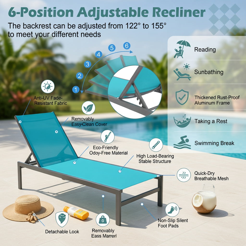 Hommoo 6-Position Adjustable Aluminum Chaise Lounge Chair, Rustproof, Lightweight, Outdoor Recliner for Patio, Poolside & Backyard, Turquoise