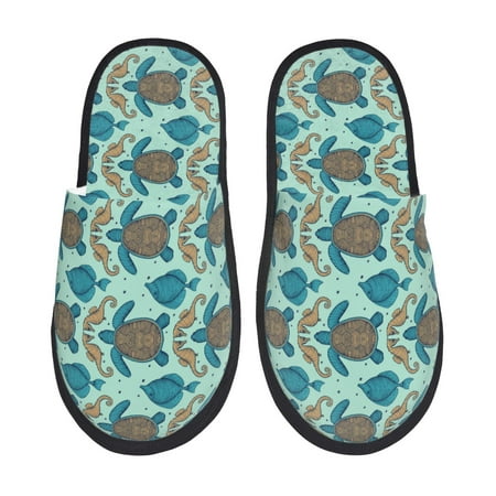 Balery Turtles And Seahorses Slient Indoor Furry Fleece Comfort House Shoes Soft Non-Slip Home Shoes Cotton slippers House Slippers-- Large