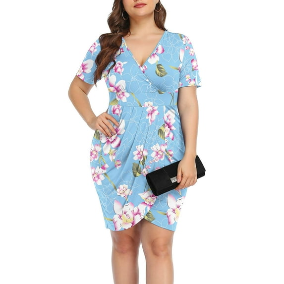 POSESHE Women's Plus Size Dresses, Deep V Neck Sexy Body Wrap Casual Dress