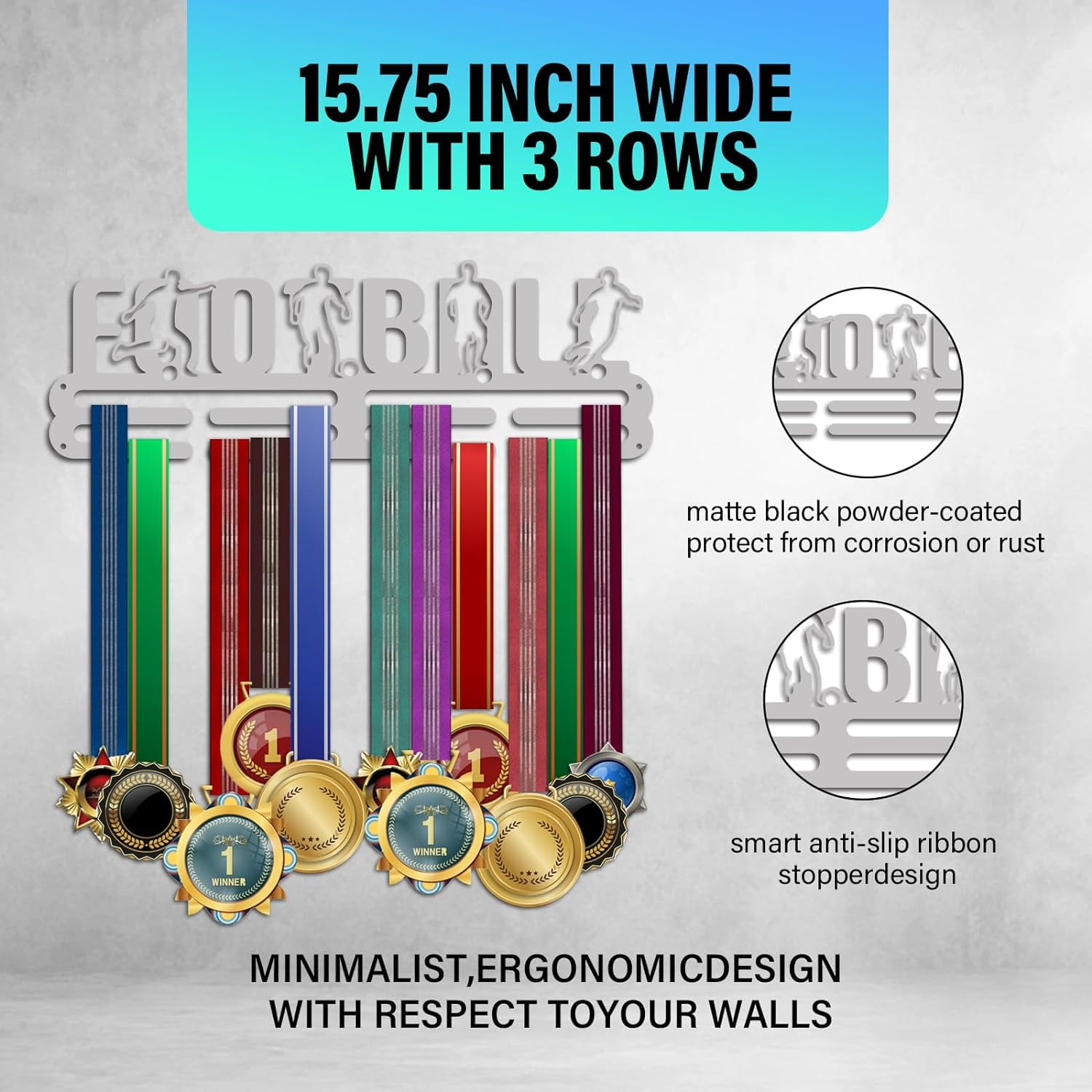 Football Medal Hanger Display Sports Medal Holders Soccer Medal Holder Solid Wall Mounted Medal Display Rack Wall Mount Tiered Award Rack for Over 60 Medals Athletes Football Players DIY