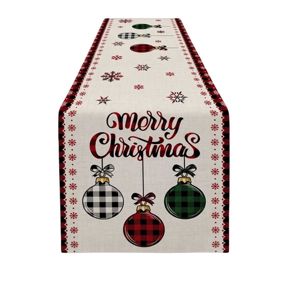 2026 Christmas Indoor Home Decor Plaid Christmas Linen Table Runner Xmas Ball Snowflake Holiday Table Decor