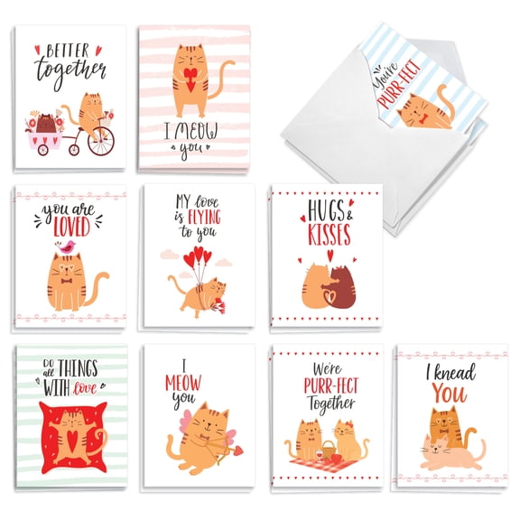 The Best Card Company 20 Assorted Valentine's Day Notecards Set 4 x 5.12 Inch with Envelopes (10 Designs, 2 Each) I Meow You