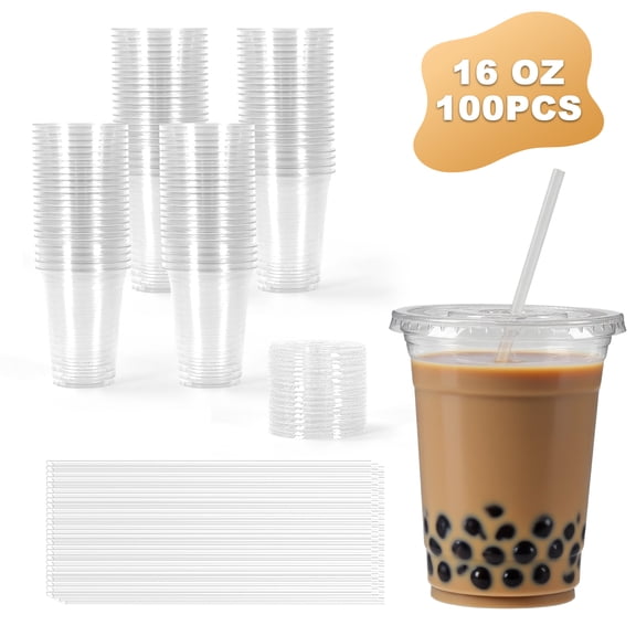 16oz Clear Disposable Plastic Cups with Leakproof Lids & Straws 100 Sets BPA-Free Durable for Iced Coffee, Smoothies, Party, Travel, Picnic, Daily Use