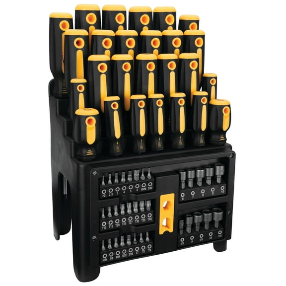Performance Tool W1731 Screwdriver and Bit Set with Rack, Yellow/Black, 61-Piece
