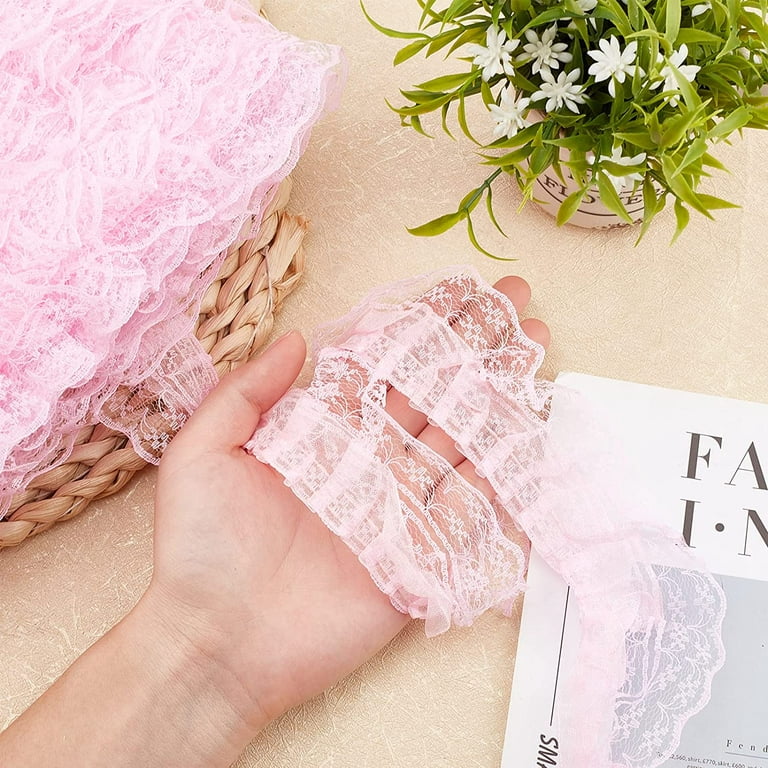 20 Yards 2-Layer Pink Pleated Organza Lace Ribbon for Craft Sewing Dress  DIY Handmade Decoration 