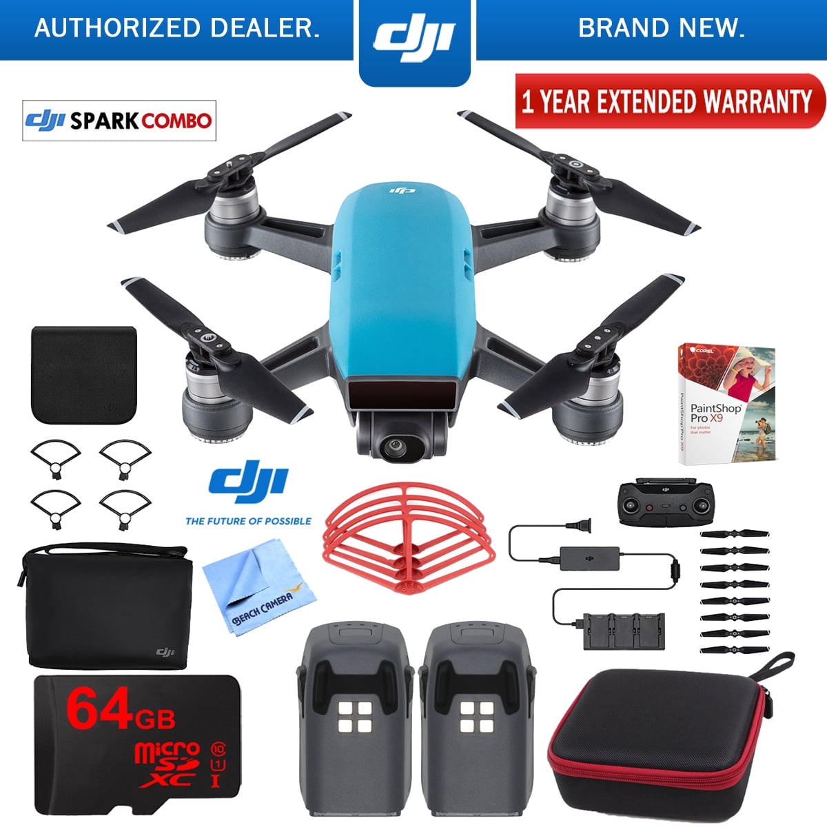 DJI SPARK Fly More Drone Combo (Sky Blue) With Custom Hard Case, 64GB High Card, Corel PaintShop X9, High Visibility Pro Guards, Cleaning Cloth, and One Year Extension -