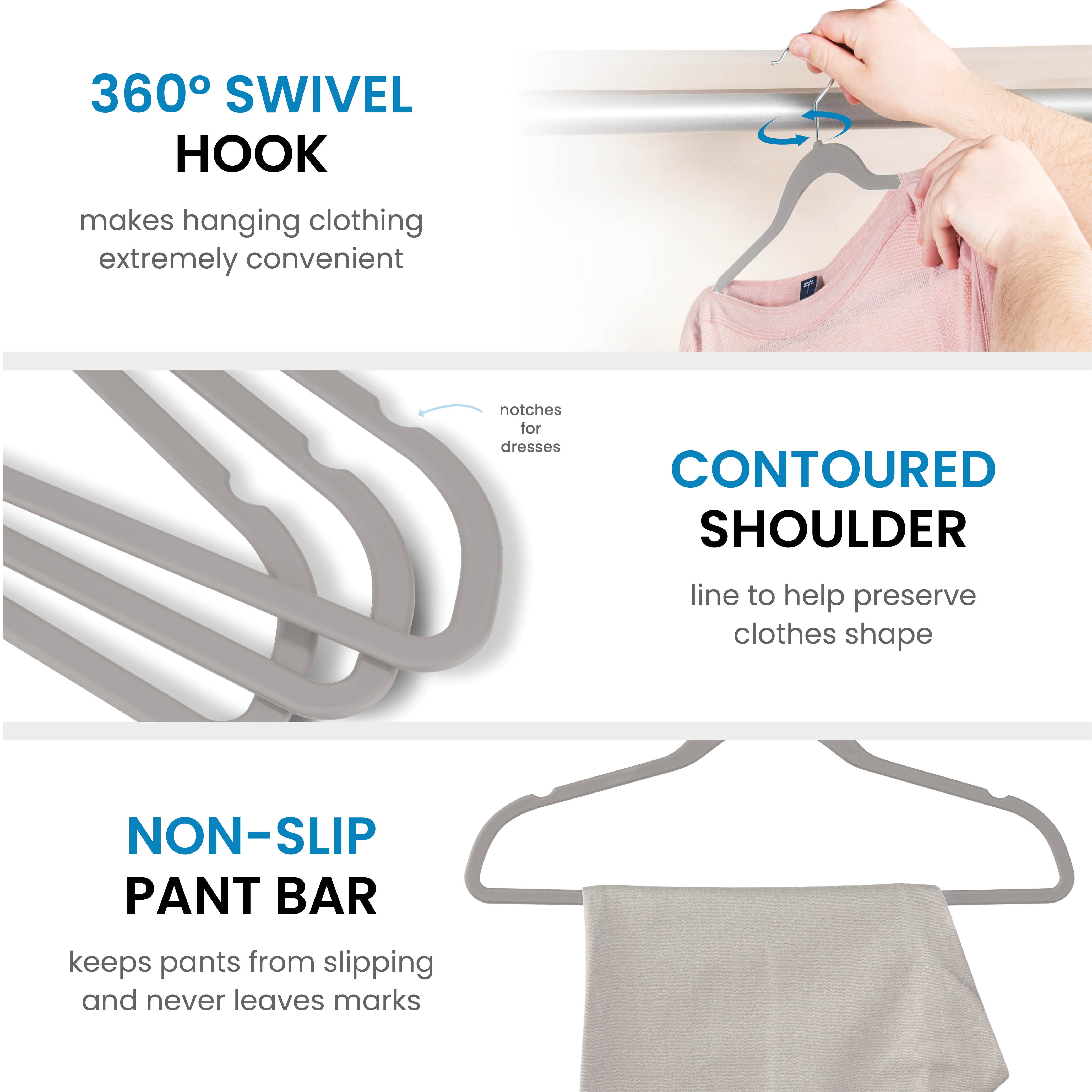 SONGMICS Rubber-Coated Plastic Hangers, 50 Pack Non-Slip Coat Hangers, Space-Saving Slim Clothes Hangers, 360 Degree Swivel Hooks, Shoulder Notches