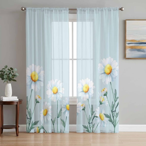 Daisy Flowers Sheer Curtains 96 Inch Length 2 Panels Set, Spring Floral Leaves Plants Light Blue Voile Window Treatment Semi Sheer Long Curtains Drapes for Bedroom/Living Room/Kitchen 52"x96"x2