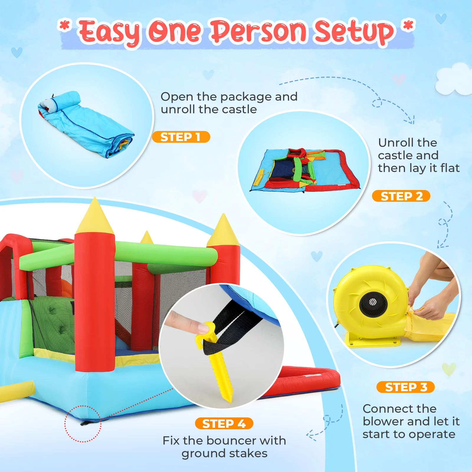 Veeboto Inflatable Bounce House with 370W Blower, Large Bouncy Castle with Slide & Bouncing Area, Climbing Wall, Jumping House for 3-10 Years Kids