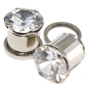 Screw-on Plugs/Gauges/Tunnels Surgical Steel (316L) with Round Prong Set Clear CZ 2 Pieces (1 Pair) (A/3/3/25)
