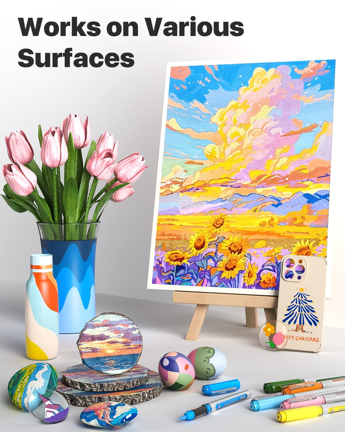 JusArt 48 Colors Acrylic Paint Markers with Canvas Bag, Water-Based No-Bleed Paint Pens with Automatic Ink Control, Waterproof Brush Tip Markers for Crafts -Fabric, Rock, Wood, Glass, Eggs-Easter